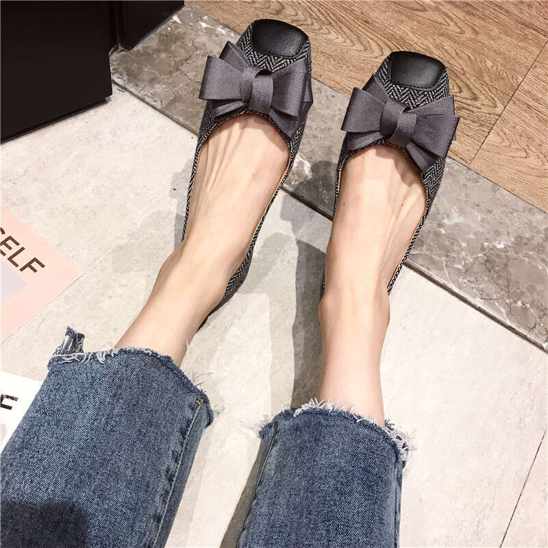 2023 Autumn New Versatile Butterfly Bow Square Head Flat Checkered Fabric Soft Soled Shallow Mouth Bean For Women, Single Shoes