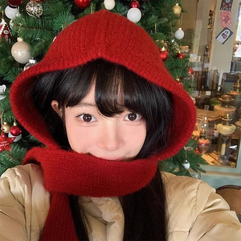 Korean Knitted Beanies Cap Autumn Winter Warm Lady Cute Pleasant Balaclava Bonnet Fashionable Versatile Strap Hooded Hat 241105
