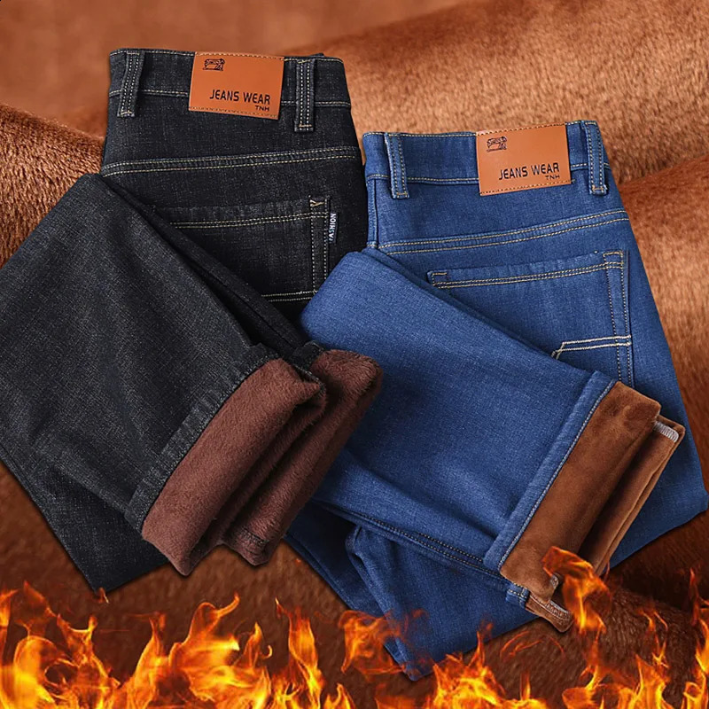 2024 Winter Casual Mens Warm Fleece Jeans Classic Style Business Thicken Fur Regular Fit Denim Pants Plush Trousers 241105