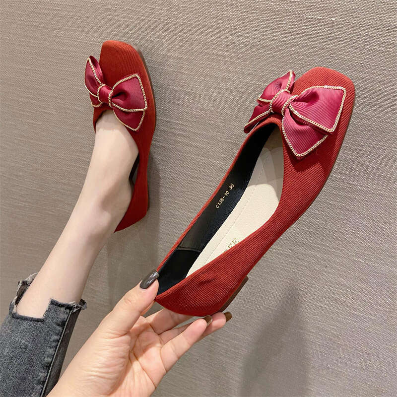 2023 Summer New Korean Butterfly Flat Versatile Cloth Face Square Head Single Soft Soled Evening Shoes For Women
