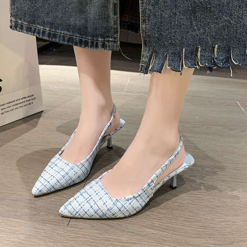 Sea Salt Blue Pointed High Heel Sandals for Women Back Hollow Half Headed Single Fashion Versatile Casual Shoes
