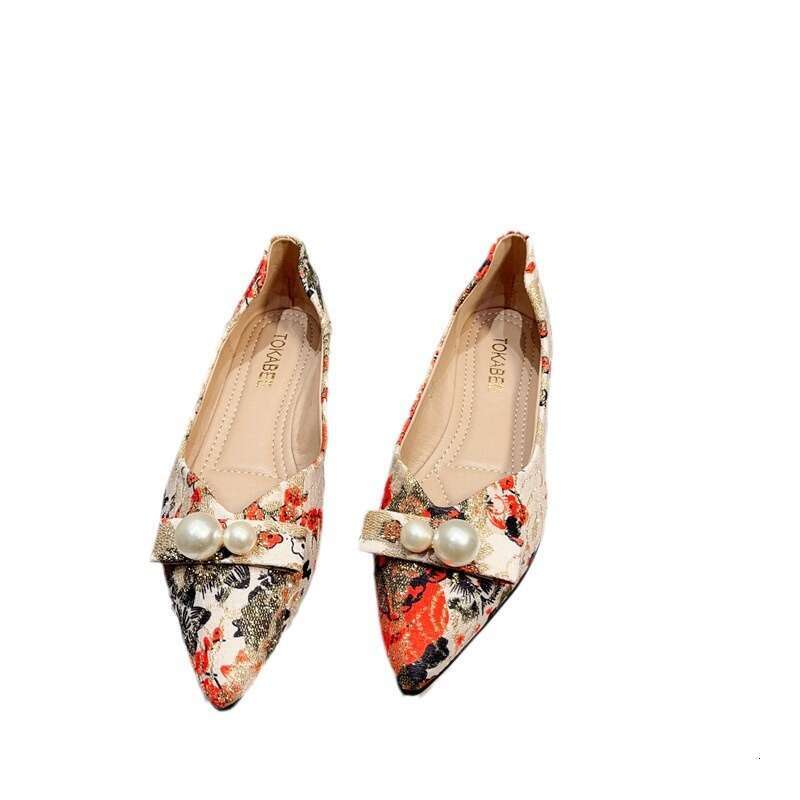 Sharp Pointed Sole Single For Women Flat Heels, Korean Version Spring And Autumn Scoop Shoes Paired With Cheongsam, Printed Women's Shoes, New Ch