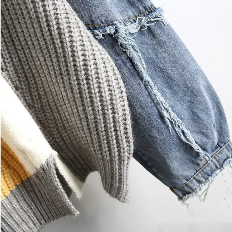 autumn Witner denim patch work sweater for womens fashion O-neck zipper womens long sleeved knitted top jumper 241105
