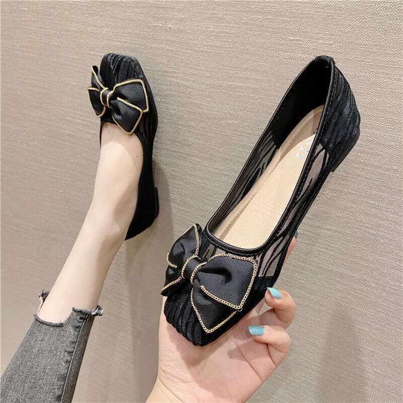 Spring And Autumn Mesh Adhesive Super Fiber Daily Black Low Top Square Head Heel Solid Color Flat Bottom Shoes