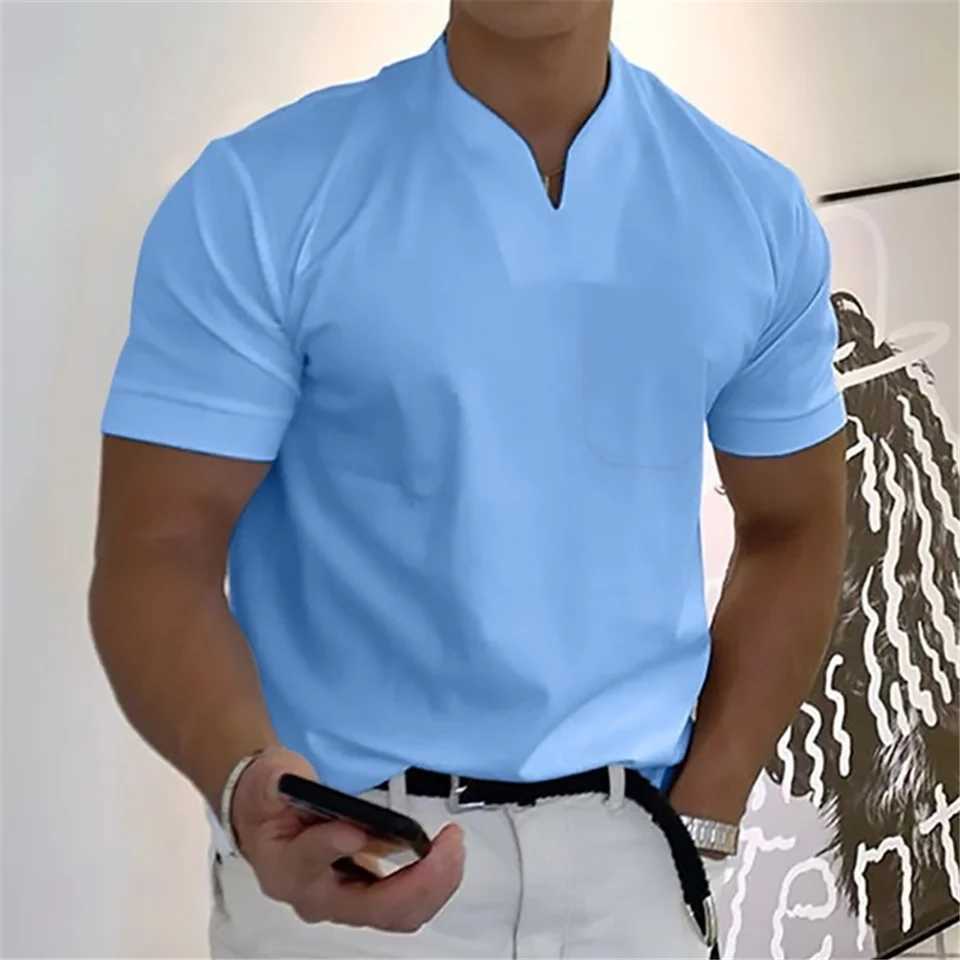 Summer solid color V-neck buttonless collarless mens short sleeved pocket fashionable casual sports mens shirt W241104
