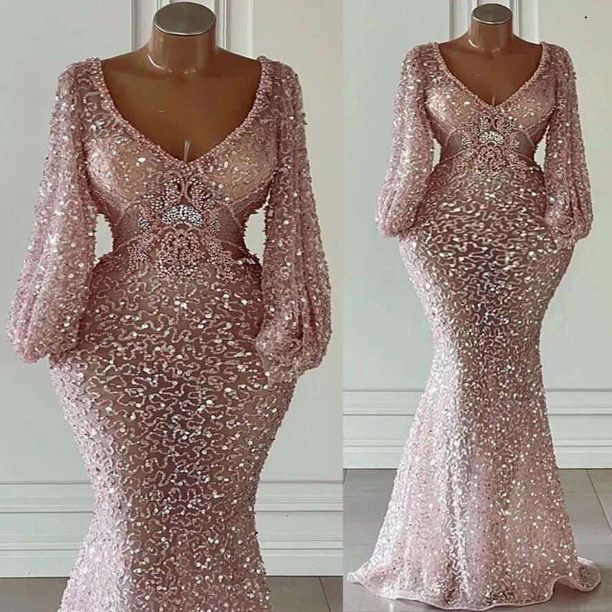 Pink Arabic Ebi Aso Mermaid Prom Dresses Sequined Lace Sexy Evening Formal Party Second Reception Birthday Engagement Gowns Dress ZJ