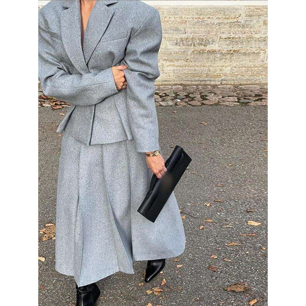 Elegant gray pleated A-E long skirt women's designer set chic stand up collar pocket button jacket set women's autumn commuting streetwear