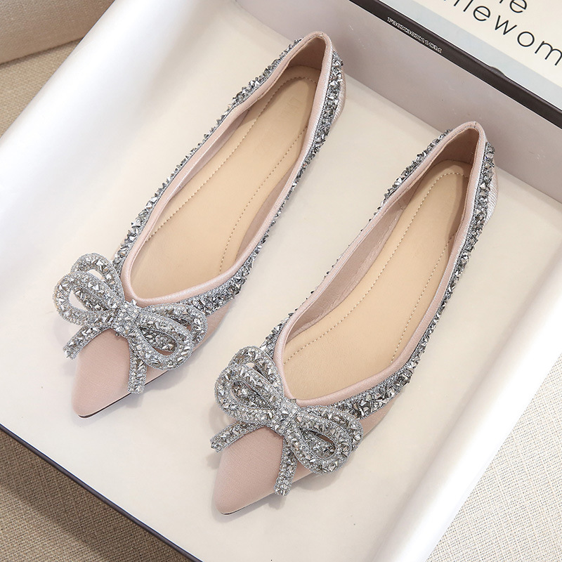 Single Women Flat Bowknot Soft Bottom Shallow Mouth Drill Ladybird Women's Large Size Boat Shoes