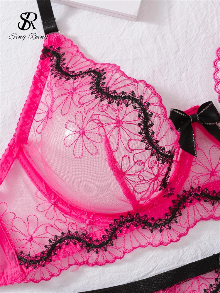 SINGREINY Fashion Embroidery Porno Bra Suits Ladies Transparent Garter Sheath Sleepwear Women Sheer Club Slim Underwear Sets 241105