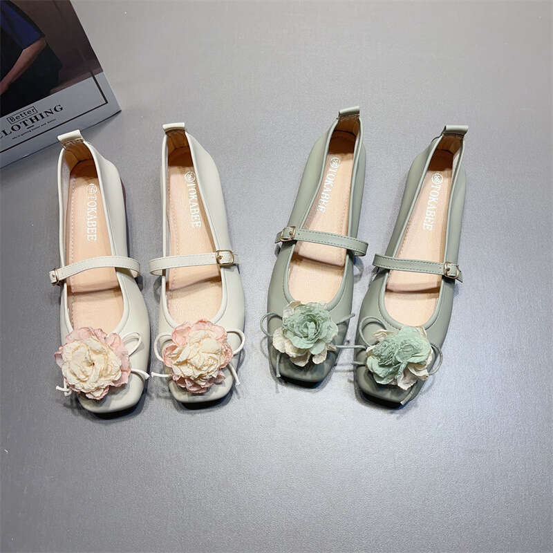 French Floral Decoration With Sole Mary Jane For Women, Korean Version, New Shallow Mouth Square Toe Soft Leather Low Order Shoes
