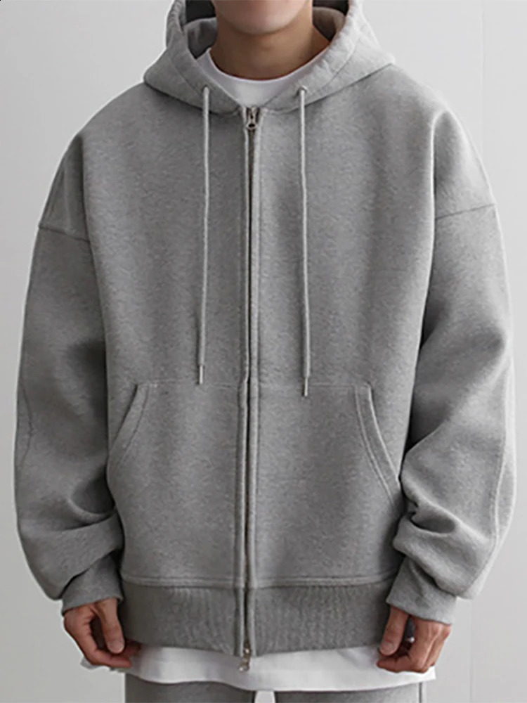 Mens Loose Long Sleeve Double Zipper Pocket Cardigan Hoodies Autumn Japanese Harajuku Solid Simple Versatile Hooded Jacket 241105