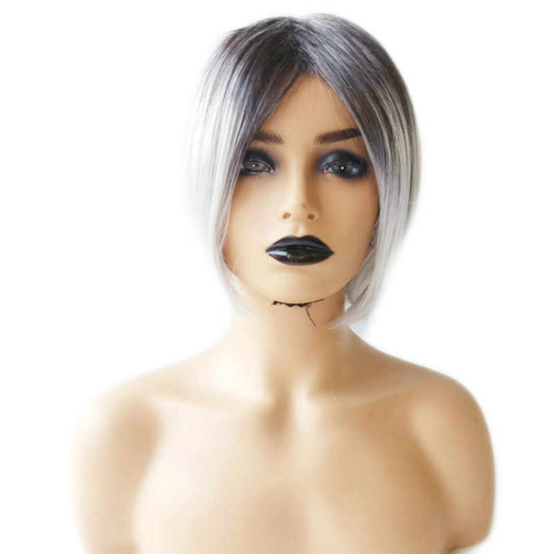 Wig women short hair synthetic wig women black gray gradient color bobo short straight hair