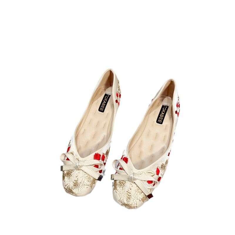 Ancient Han Style China-Chic Single Women's Chinese Soft Bottom Square Head Shallow Flat Heel Embroidered Bean Shoes