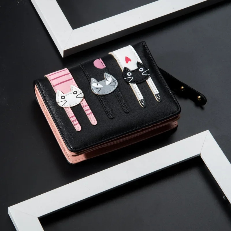 Cartoon Cat PU Leather Women's Short Brand Designer Coin Wallet Female Deck Cute Girl Wallet