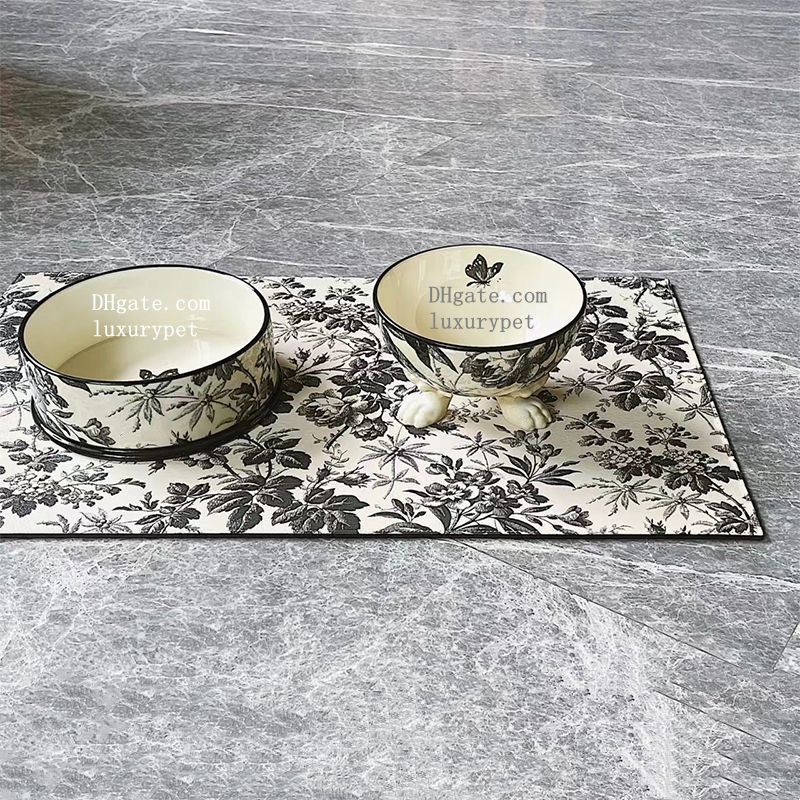 Designer Dog Bowls and Mat Set, Retro Modern Aesthetic flower Ceramic Pets bowl with Non-Skid Waterproof PU Leather Mat, Dog Food Water Bowls for Smal