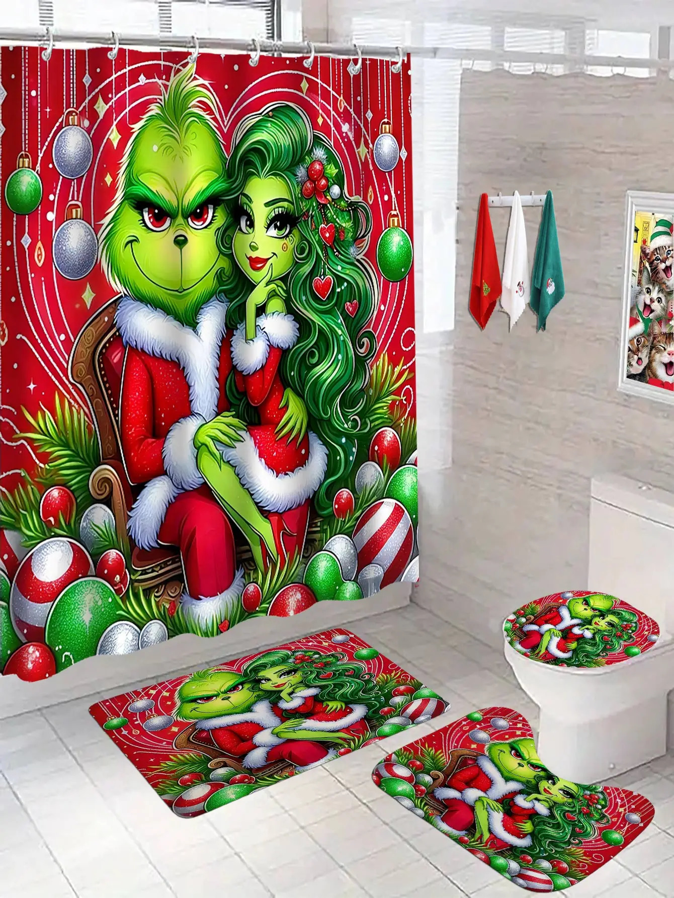 Merry Christmas Cartoon Shower Curtain Witch Bath Sets Waterproof Non-Slip Bathroom Rug Toilet U With 12 Hooks Home Deco 241104