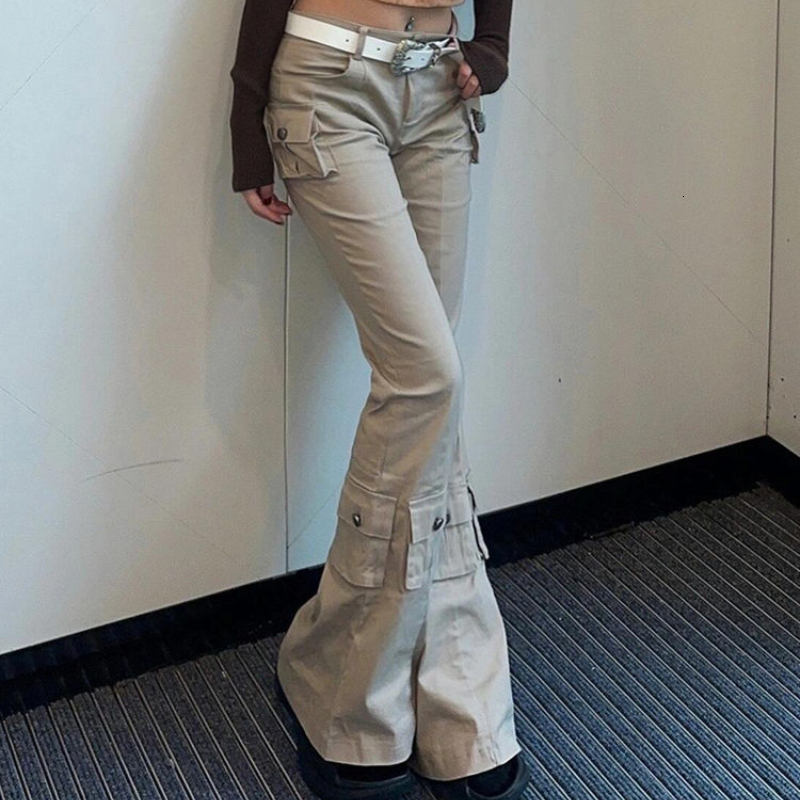 QWEEK Y2k Cargo Flare Jeans Woman Vintage Haruku Office Lady Pocket Denim Pants America Retro Street Fashion Trousers 2024