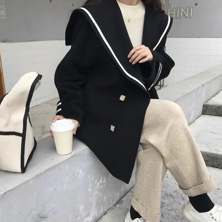 Elegant Vintage Sailor Collar Jackets Autumn Winter Woolen Coat Women Y2k Long Sleeve Loose Tops Mujer 241104