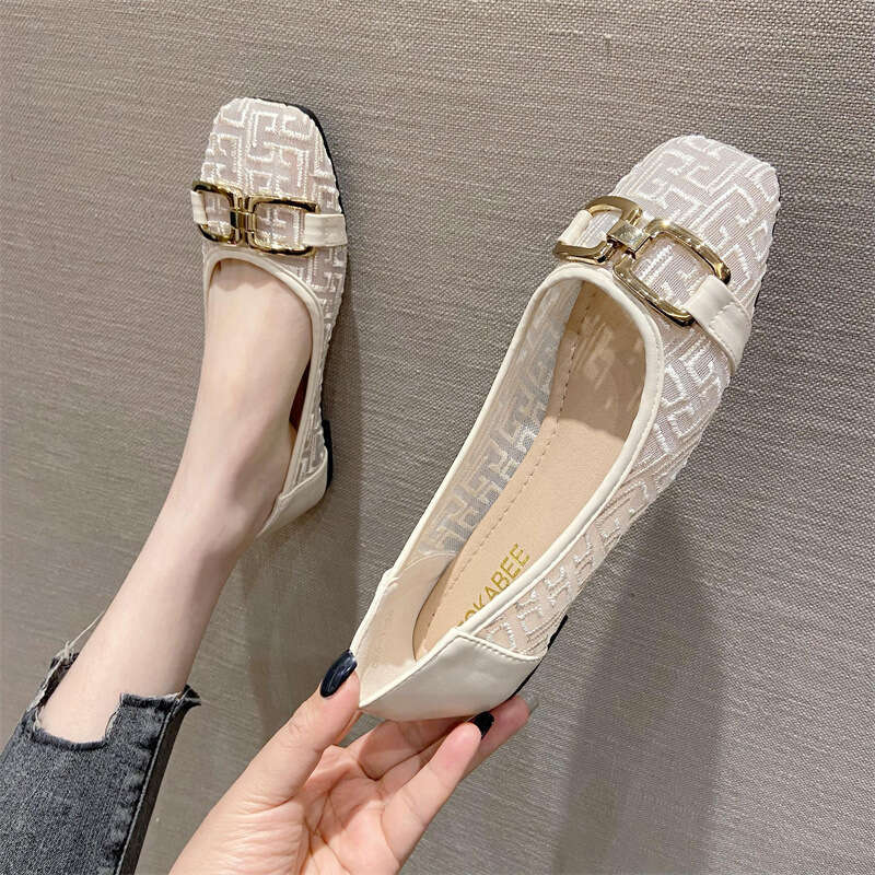2023 Summer Style Square Head Shallow Mouth Hollow Mesh Breathable Scoop Flat Single For Women, Soft Bottom Comfortable Work Shoes