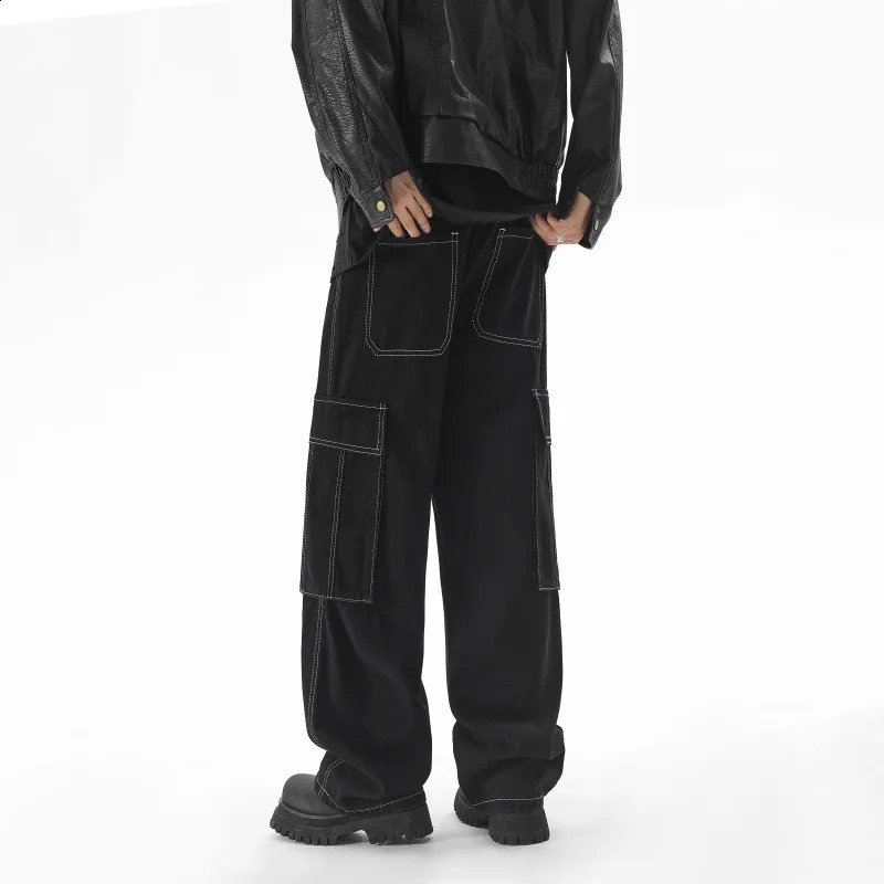 Autumn Big Pocket Trendy Mens Jeans Baggy Straight Denim Trousers Blue Black Elastic Waist Fashion Casual Wide Legs Pants 241105