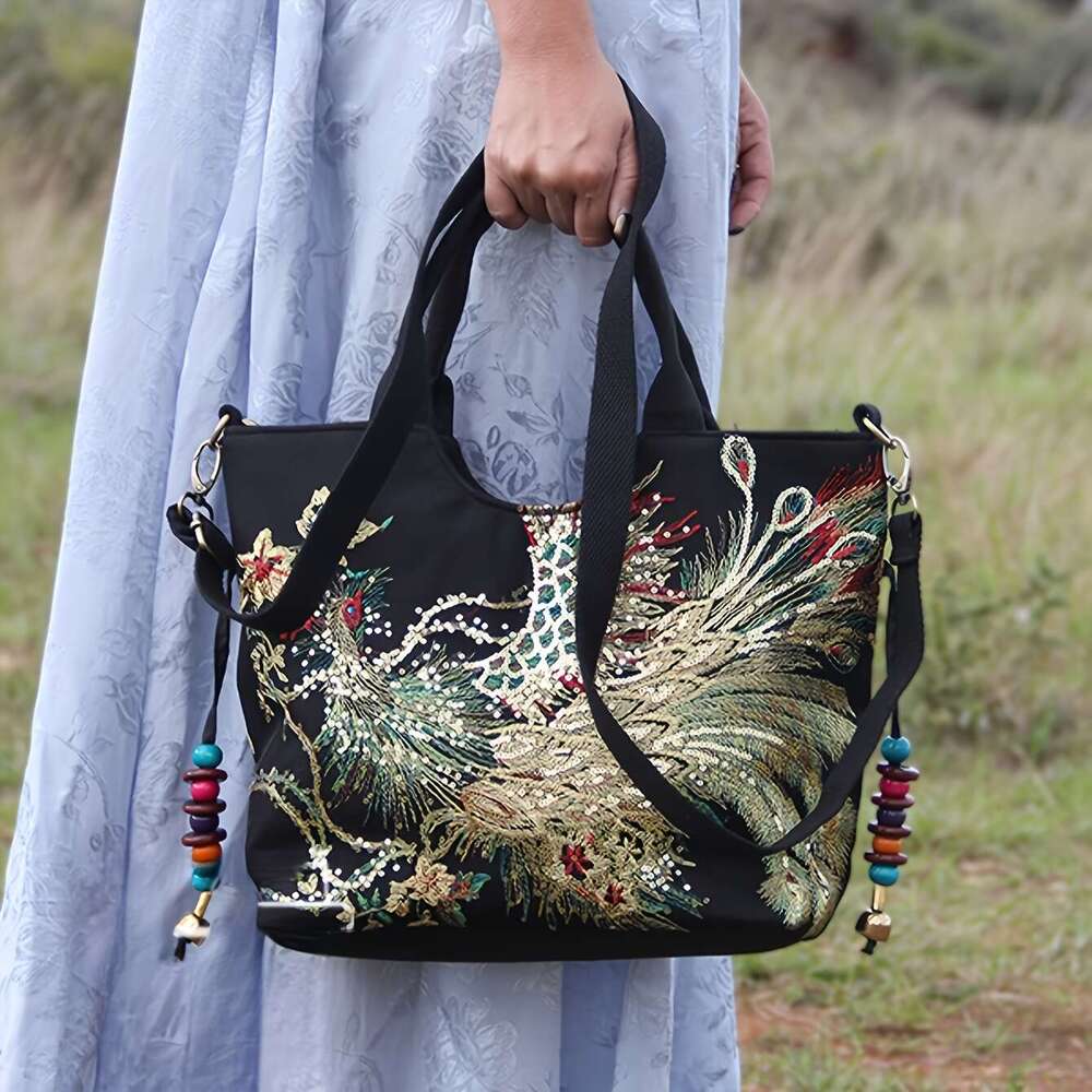 Designer Bag Women's Embroidered Satchel Bag, Fashion Double Handle Purse, Retro Style Handbag With Removable Strap