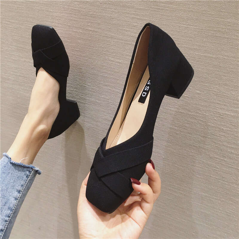 2023 Spring And Summer Versatile Square Head Shallow Mouth Coarse Custom Women's Grandma Black Professional Low Middle Heel Work Shoes