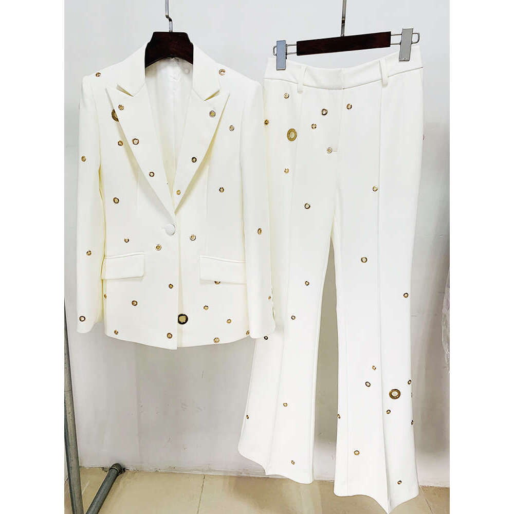 High quality latest designer fashion runway set women's slim fit single button eyelets lapel suit long pants luxury set 2 pieces, party dinner se