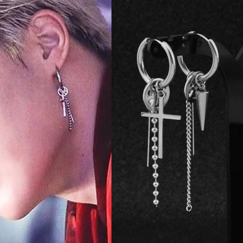 Korean fashion cross tapered square gothic cool pendant mens earrings 241105