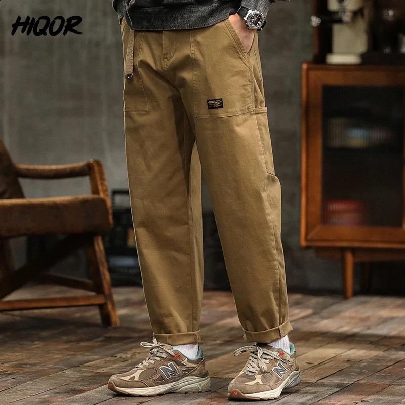 HIQOR Mens Clothing Spring Autumn Cargo Pants Man Cotton Casual Loose Trouser Belt Mid Waist Joggers Male Straight Baggy 241105