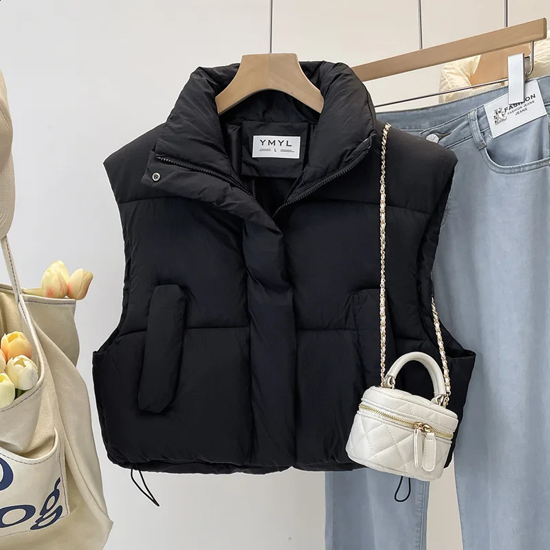 Womens pure cotton vest autumn and winter stand collar thick loose short sleeved pure cotton vest jacket trend 241105