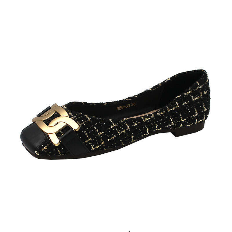 2023 Spring New Women's Head Cloth Metal Buckle Flat Color Blocked Surface Light Mouth Small Fragrant Style Single Shoes