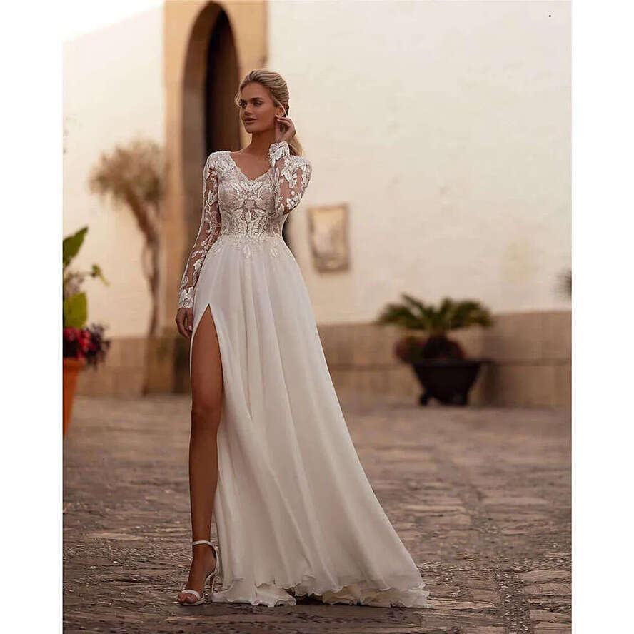 Sleeve Chiffon Long Ae Wedding Dress For Women Open Back Lace Boho V Neck Bridal Gown Robe De Soiree Mariage