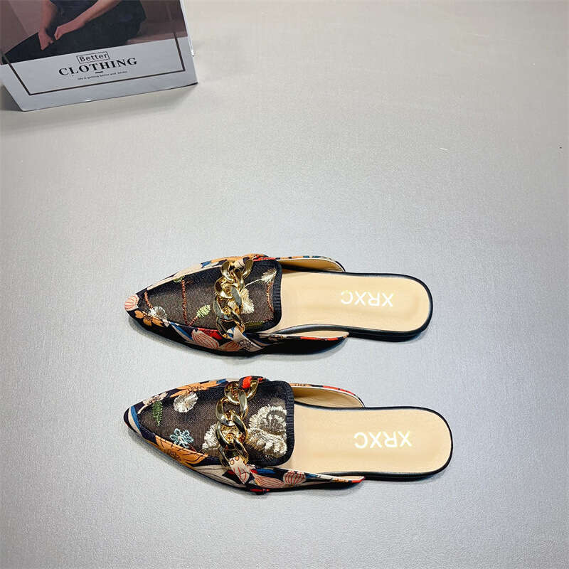 Baotou Half Slippers Women's Ins Korean Edition Season New Fashionable Versatile Flat Bottom Lazy Embroidered Muller Shoes
