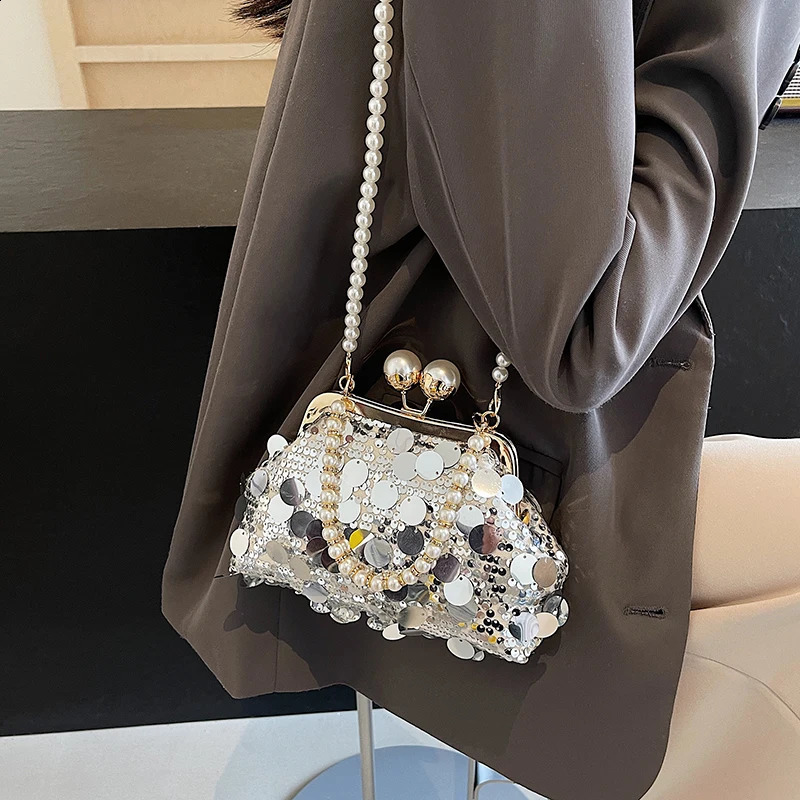 womens pearl chain bag niche sequin bag casual street shoulder cross body bag trend armpit bag 241105