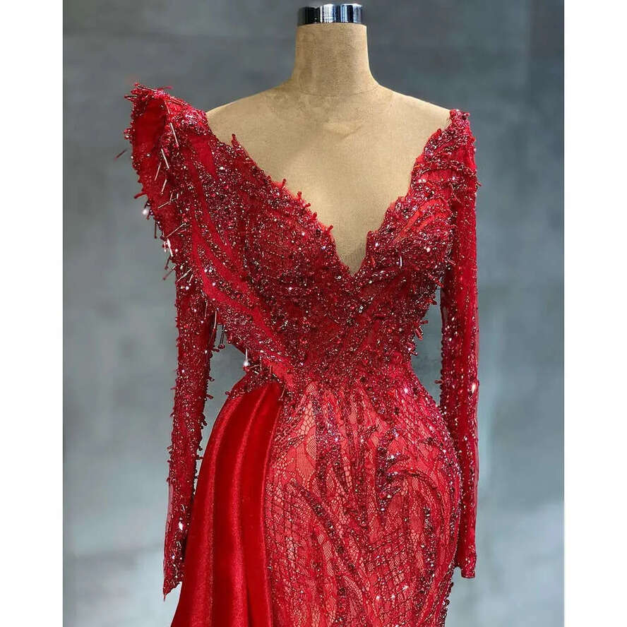 Urious Arabic Ebi Aso Red Mermaid Evening Beaded Lace Prom Dresses Sheer Neck Formal Party Second Reception Gowns Zj