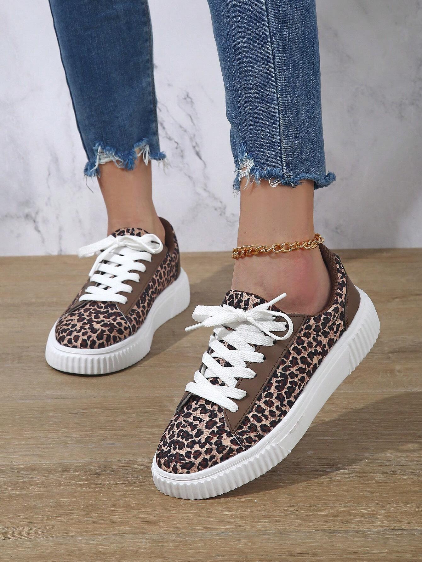 Fashionable Leopard Print Women S Sneakers European And American Style Sports Lace Up Casual Athletic Slip Resistant Comfortable Skate Shoes Outdoor W
