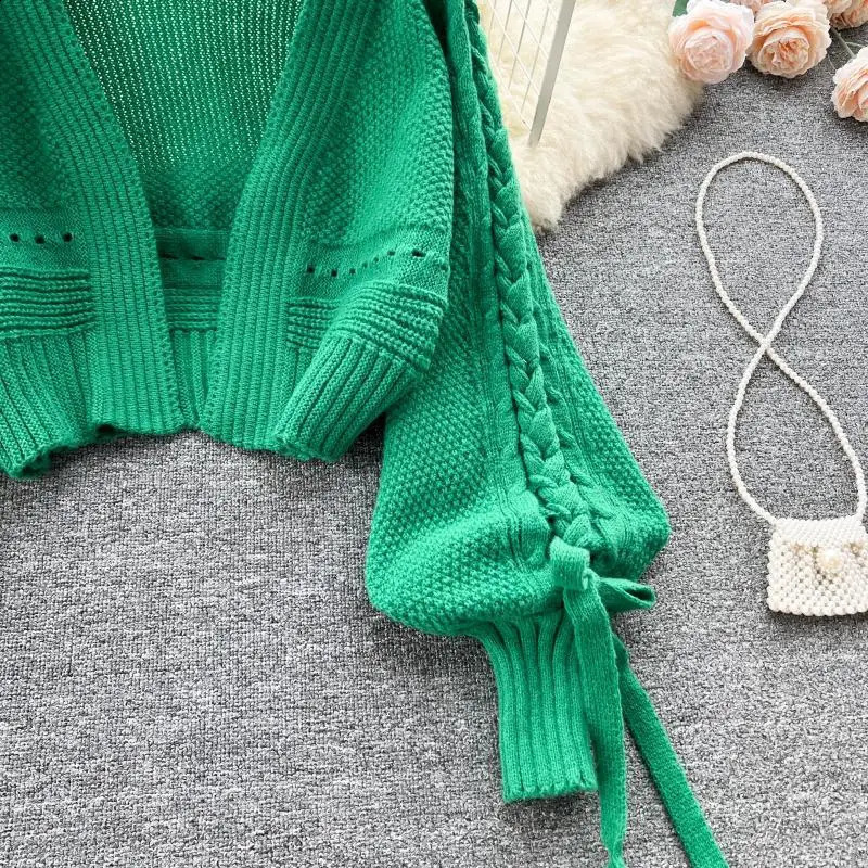 Green Casual Acrylic Knit VNeck Lantern Long Sleeve Lace Up Womens Cardigan Sweater Short For Women Clothing 2024 241105