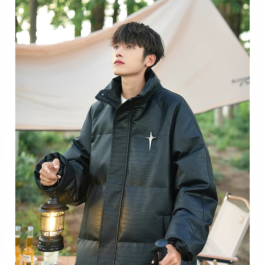 City Couple Down Jacket Winter PU Leather Jacket Pattern Fashion Preparatory Stand Collar Bread Jacket Mens Apron Jacket 241104