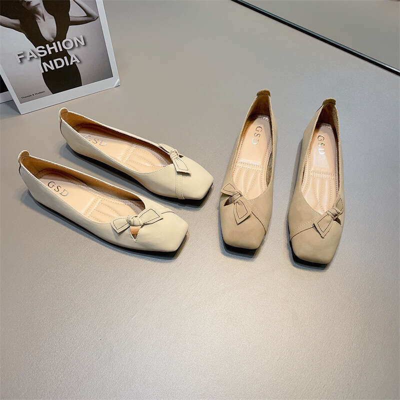 Gentle Style Shallow Mouth Single Shoe Women's Korean Version Spring And Summer New Item Bow Versatile Soft Sole Square Toe Flat Bottom French Sc