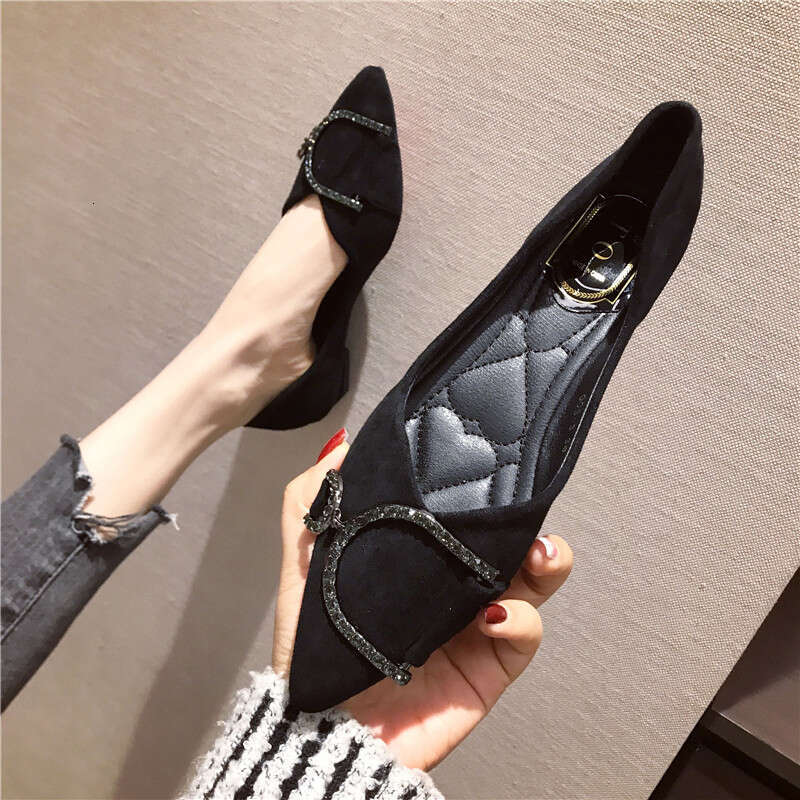2023 Autumn Fashion Versatile Pointed Shallow Mouth Water Diamond Button Flat Follow For Women 2Cm Black Suede Scoop Shoes