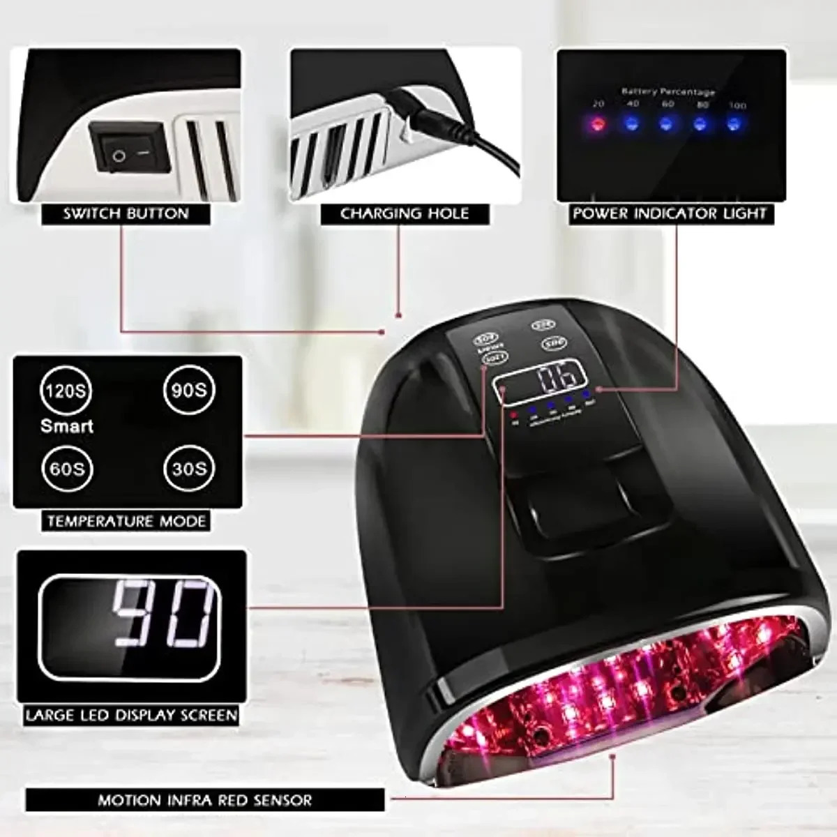 90W Rechargeable Nail Lamp with Mirror Bottom Cordless LED Light for Acrylic Nails Manicure Machine Wireless Nail UV LED Lamp 241104