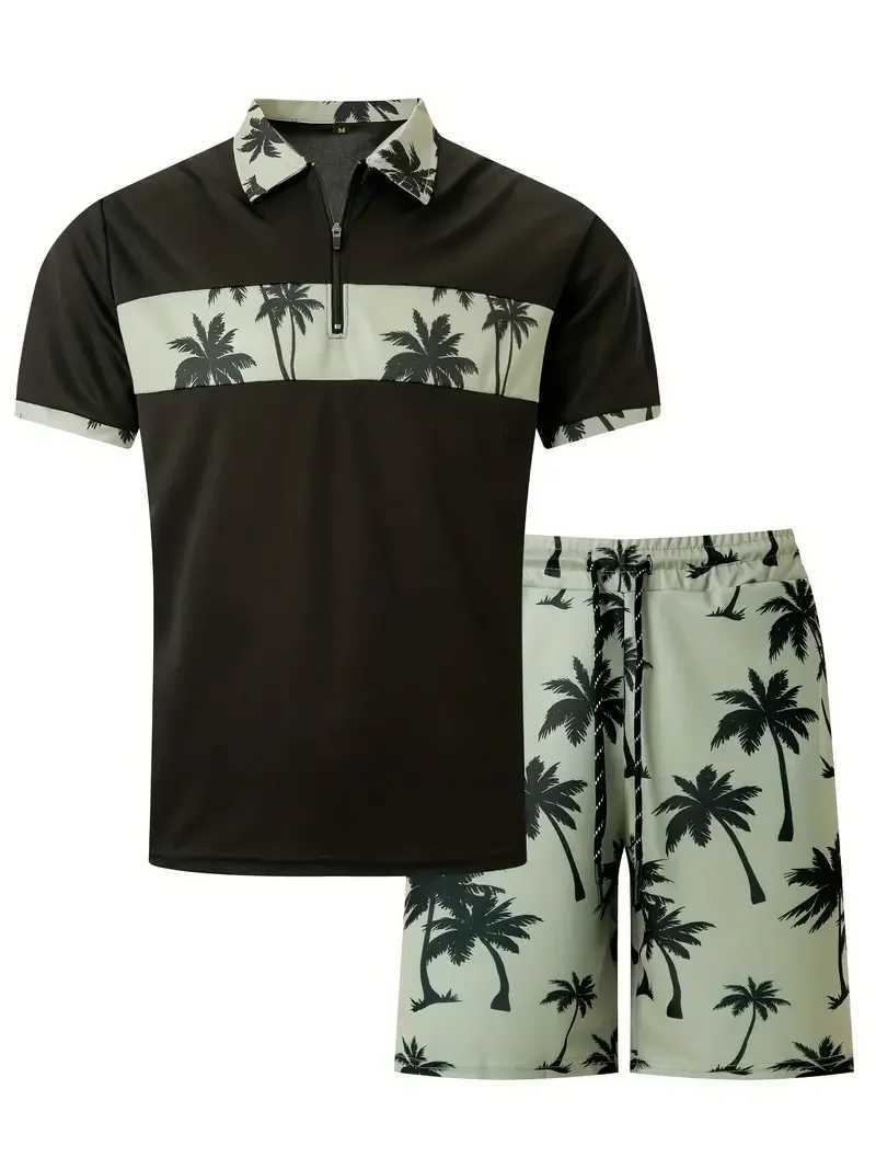 Mens 3D printed coconut Tr fragment pattern zipper shirt+shorts 2-piece unisex fashionable casual simple style clothing W241104