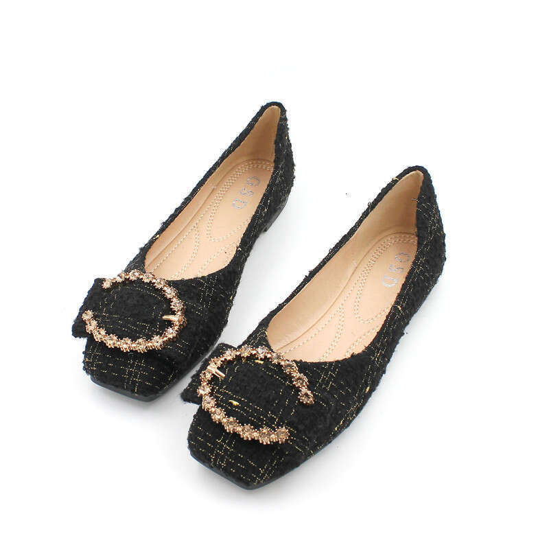 2023 Spring And Summer New Korean Versatile Square Head Water Diamond Button Red Wedding Women's Toast Dress Flat Follow Shoes