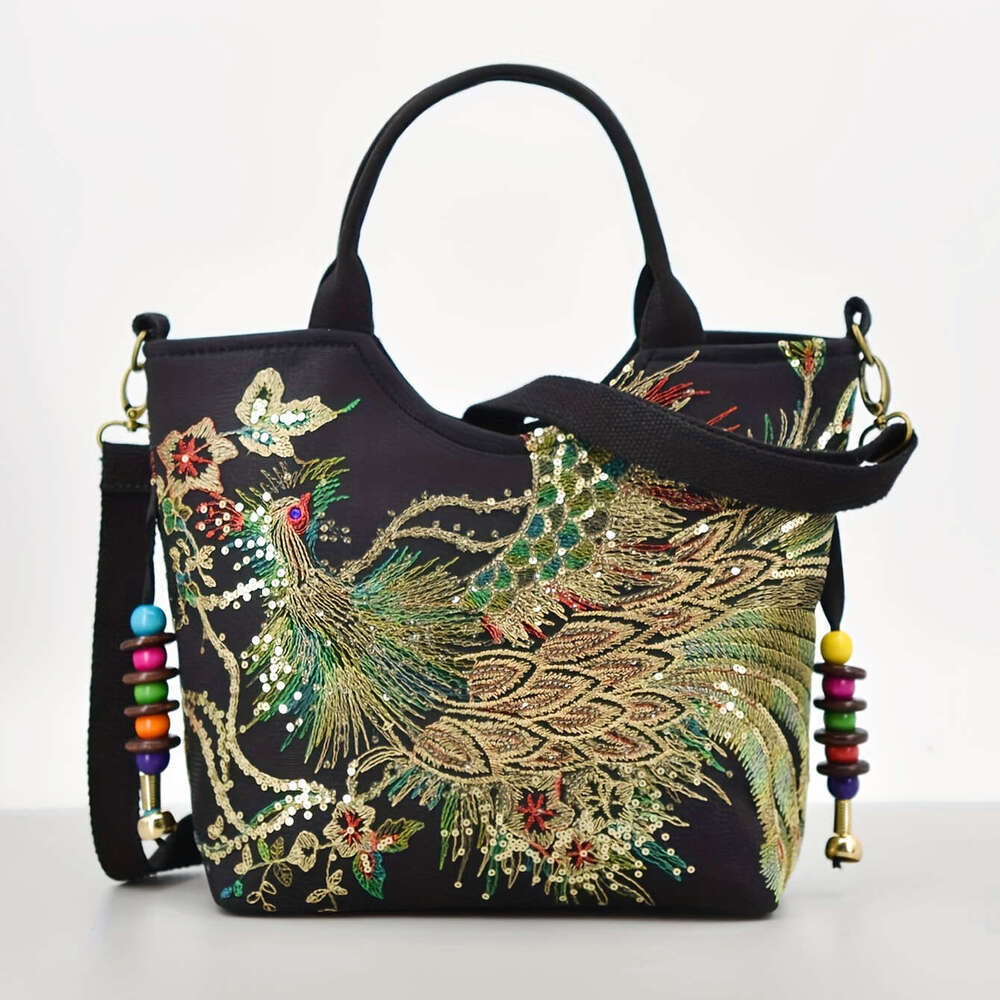 Designer Bag Women's Embroidered Satchel Bag, Fashion Double Handle Purse, Retro Style Handbag With Removable Strap
