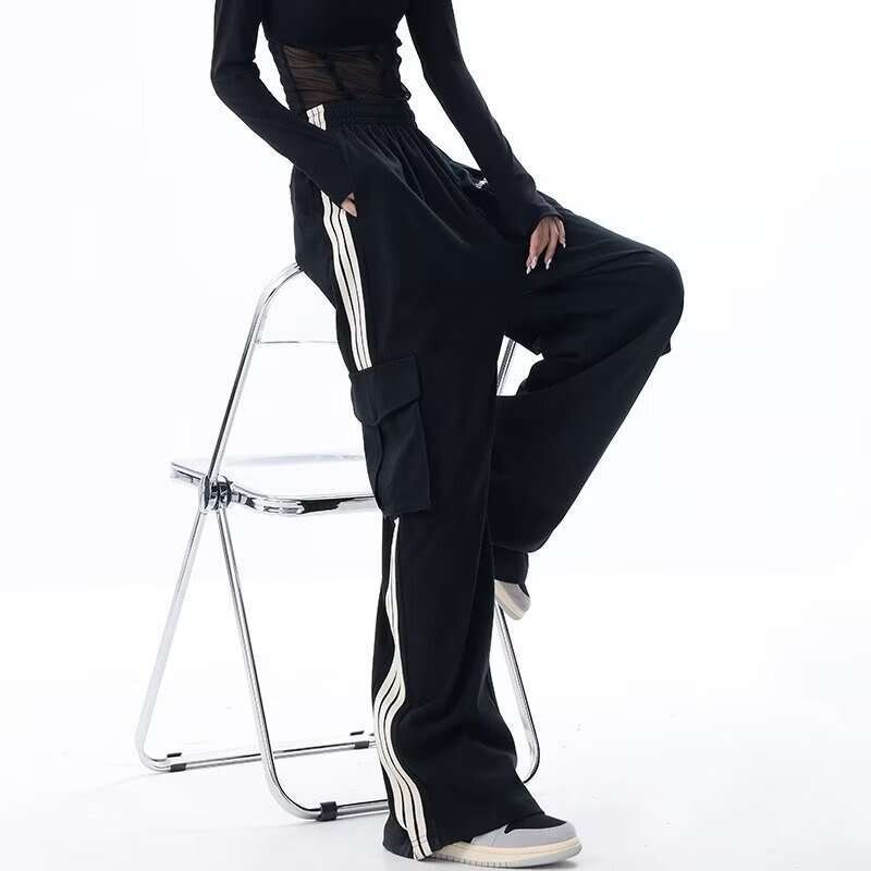 shanshi three stripes pants American casual pants for women in autumn winter three bar straight sports loose and slimming sweatpants, floor length wid