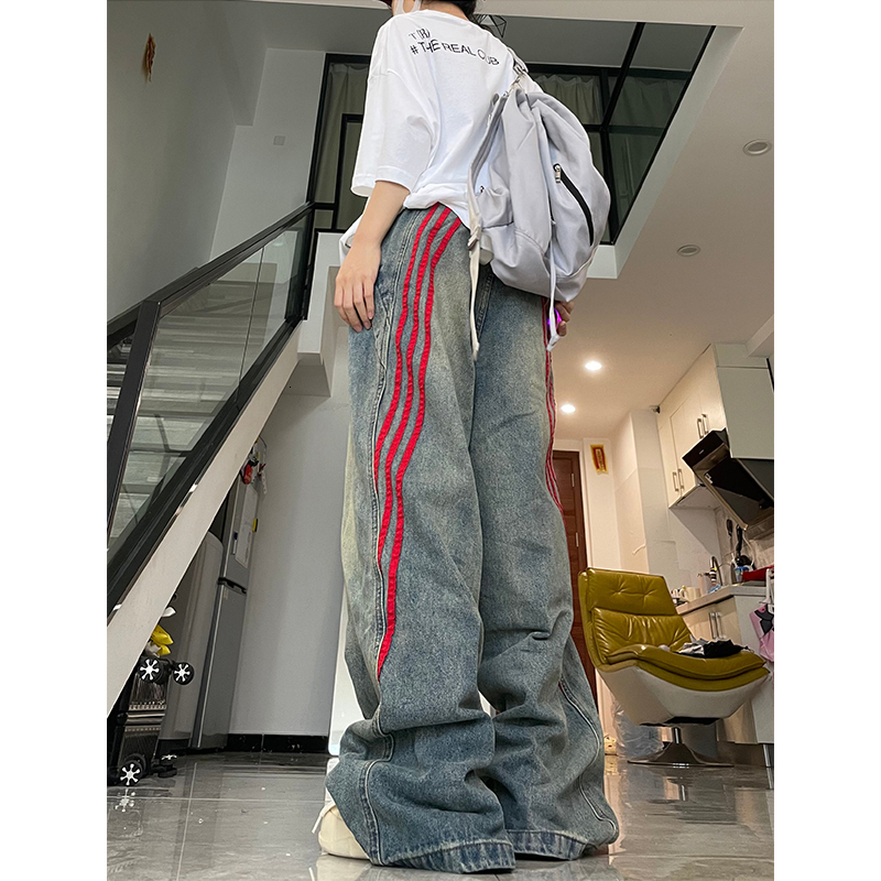 Women American Vintage Waist Striped Jeans Blue Patchwork Wide Leg Denim Pants Summer 2000S Hip-Hop High Street Trousers