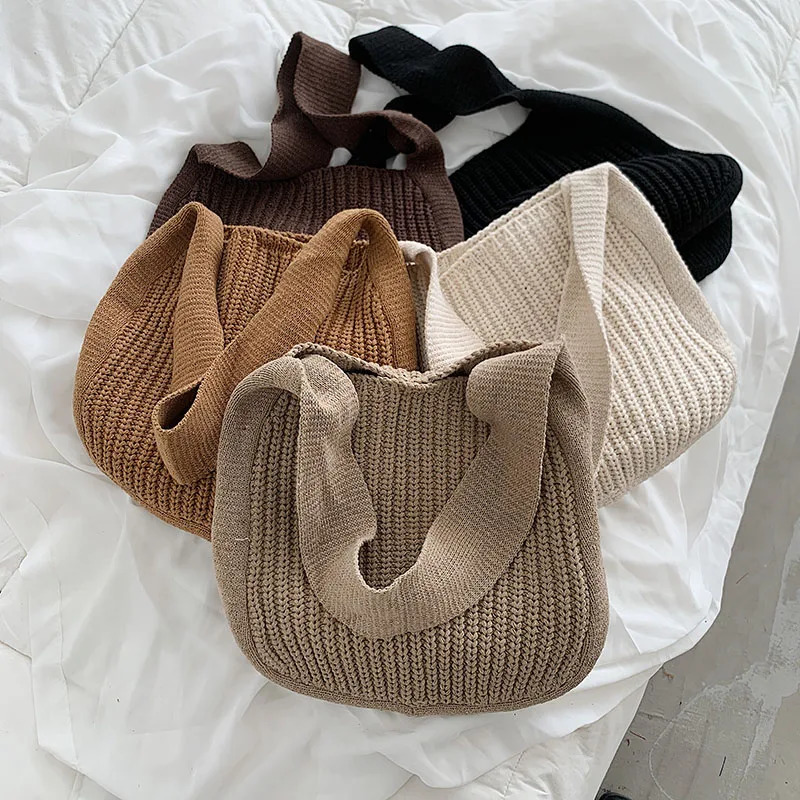 Korean Fashion Knitted Shoulder Shopping Bags For Women Vintage Soft Tote Bag Large Capacity Female Handbag Solid Sac 241104