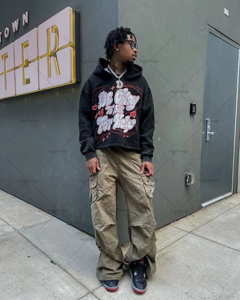 European and American trendy street clothing Y2K Harajuku color hoodie mens retro letter printed oversized sportswear couple 241030