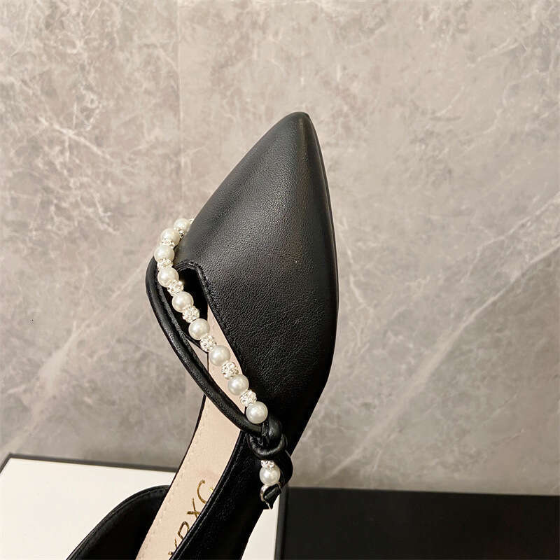 French Pearl Decoration Single Shoe For Women's Spring And Summer New Style, One Foot Shallow Mouth Pointed Soft Leather Side Empty Flat Bottom E
