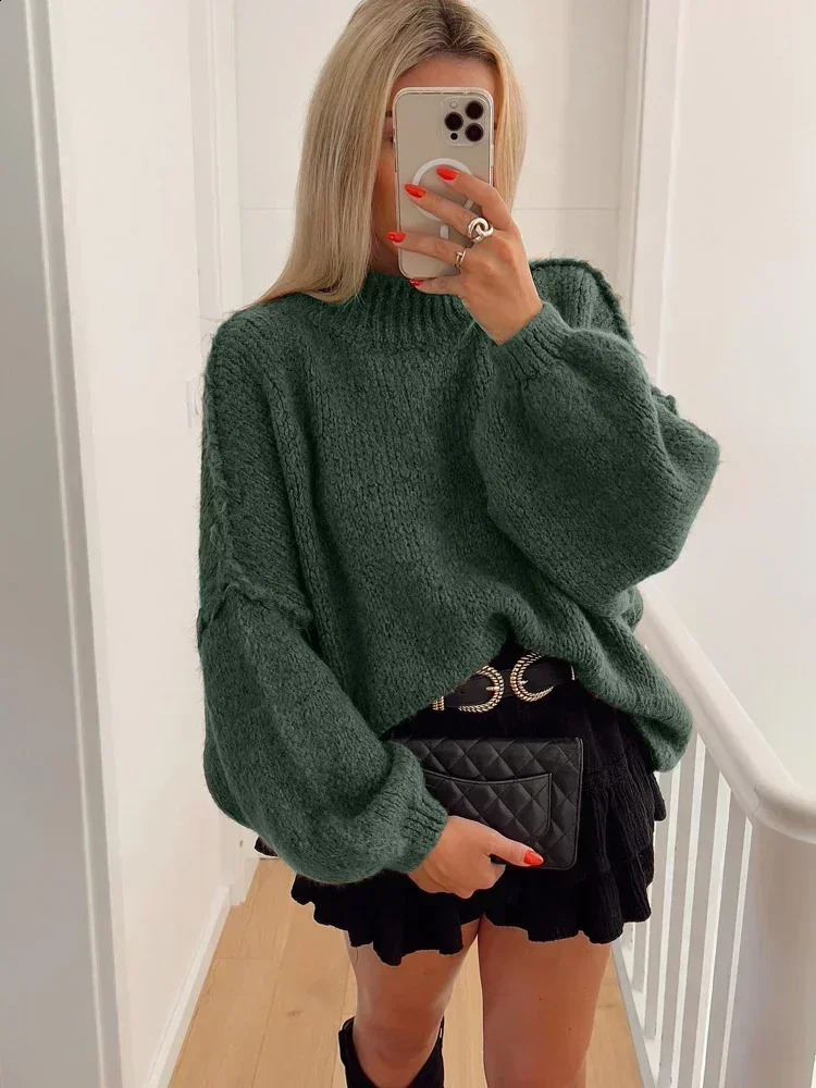 Fashion round neck knitted womens jumper autumn long lantern sleeve sweater womens high street warm womens fashion zipper 241105